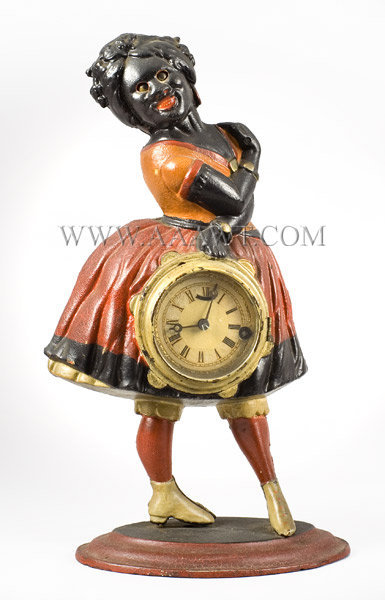 Novelty Clock, Topsey, Cast Iron, Blinking Eyes
Attributed to Bradley and Hubbard
Meriden, Connecticut
Circa 1865 to 1875, entire view